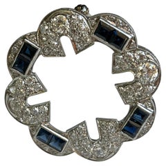 Diamond  2.0 Carats and Sapphire Platinum Art Deco Circular Brooch