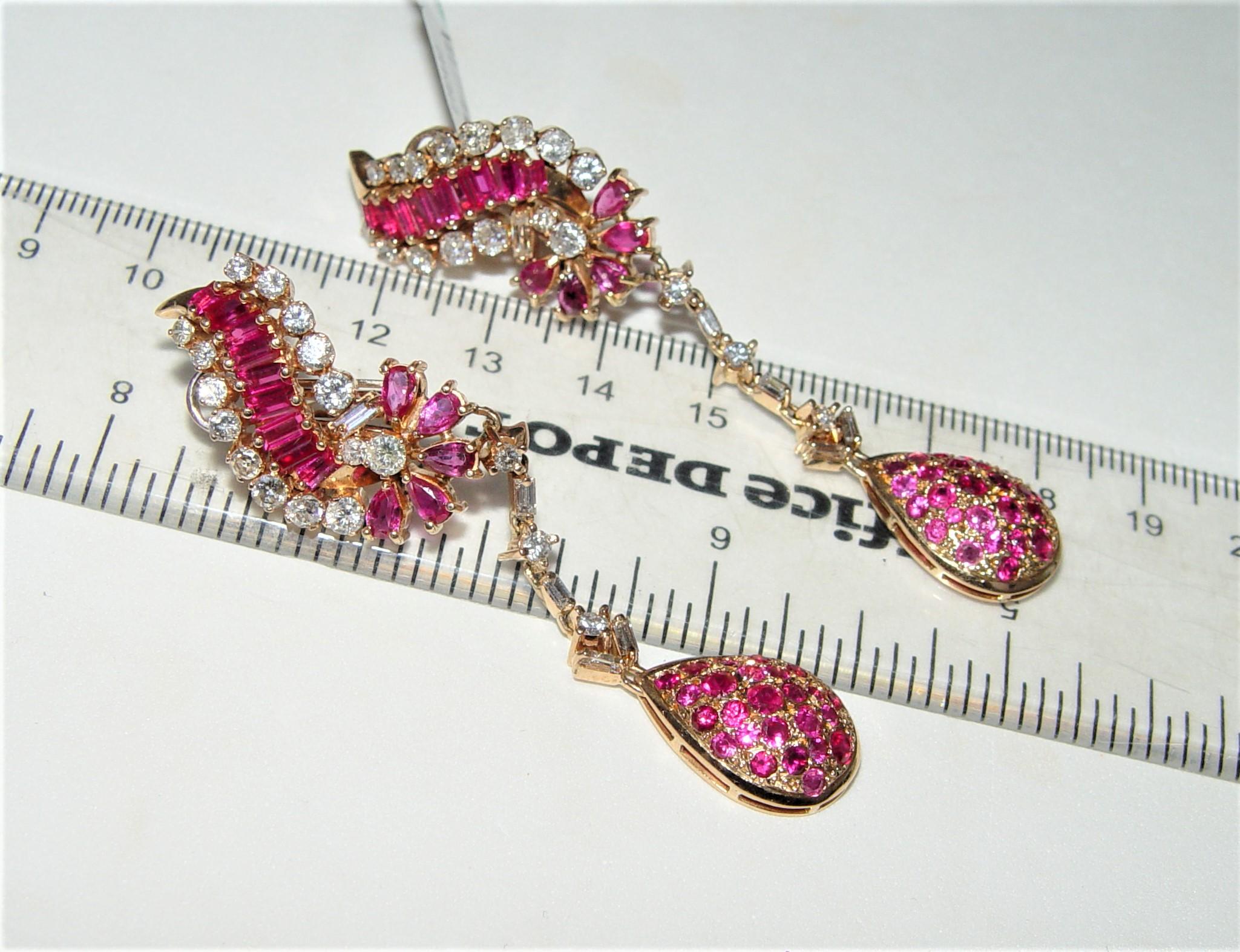 Diamond 2.00CT(Est.) & Ruby 3.50CT(Est.) Chandelier Earrings 70MM 18K 21.0g For Sale 5