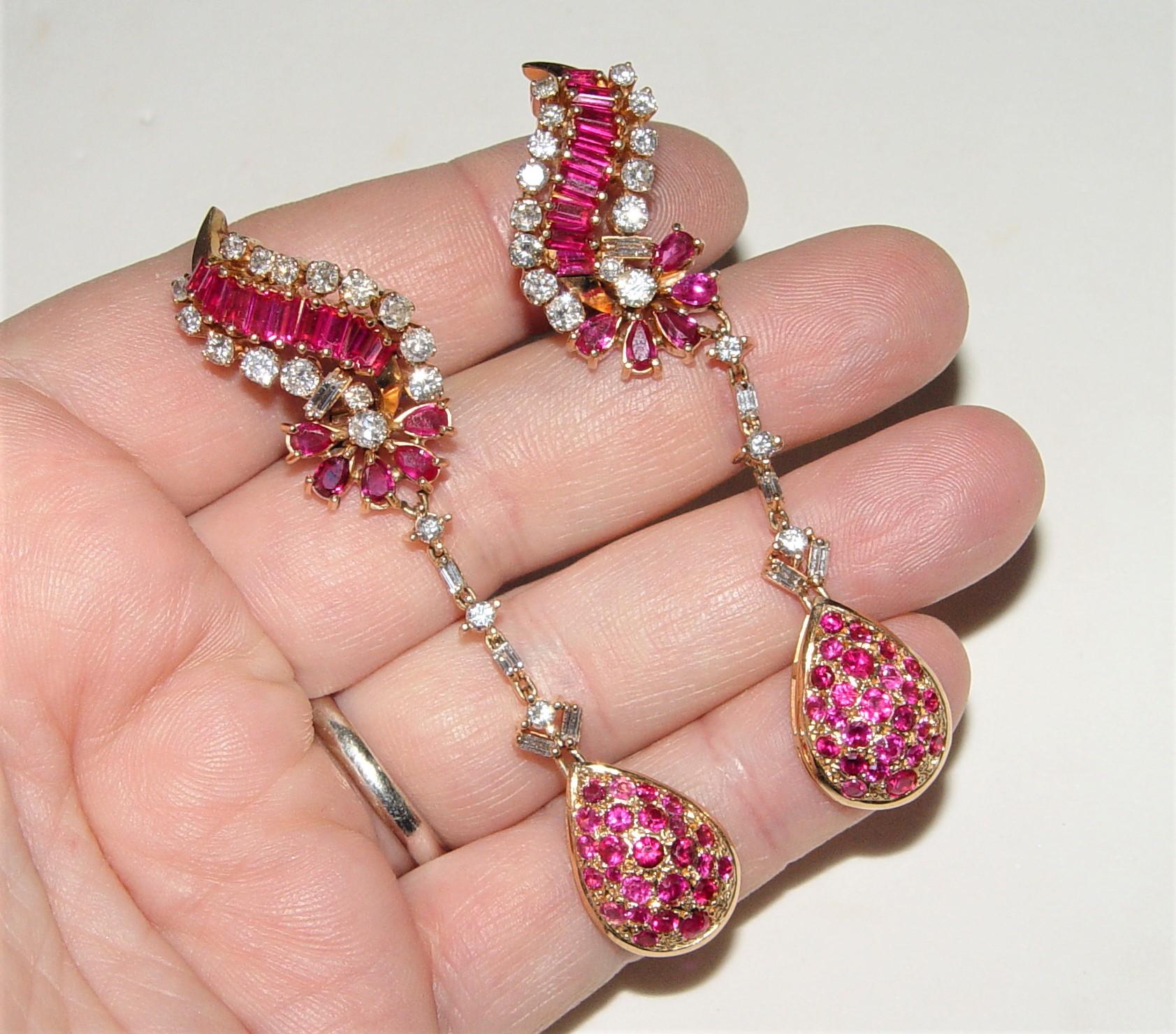 Diamond 2.00CT(Est.) & Ruby 3.50CT(Est.) Chandelier Earrings 70MM 18K 21.0g In Good Condition For Sale In Chicago, IL