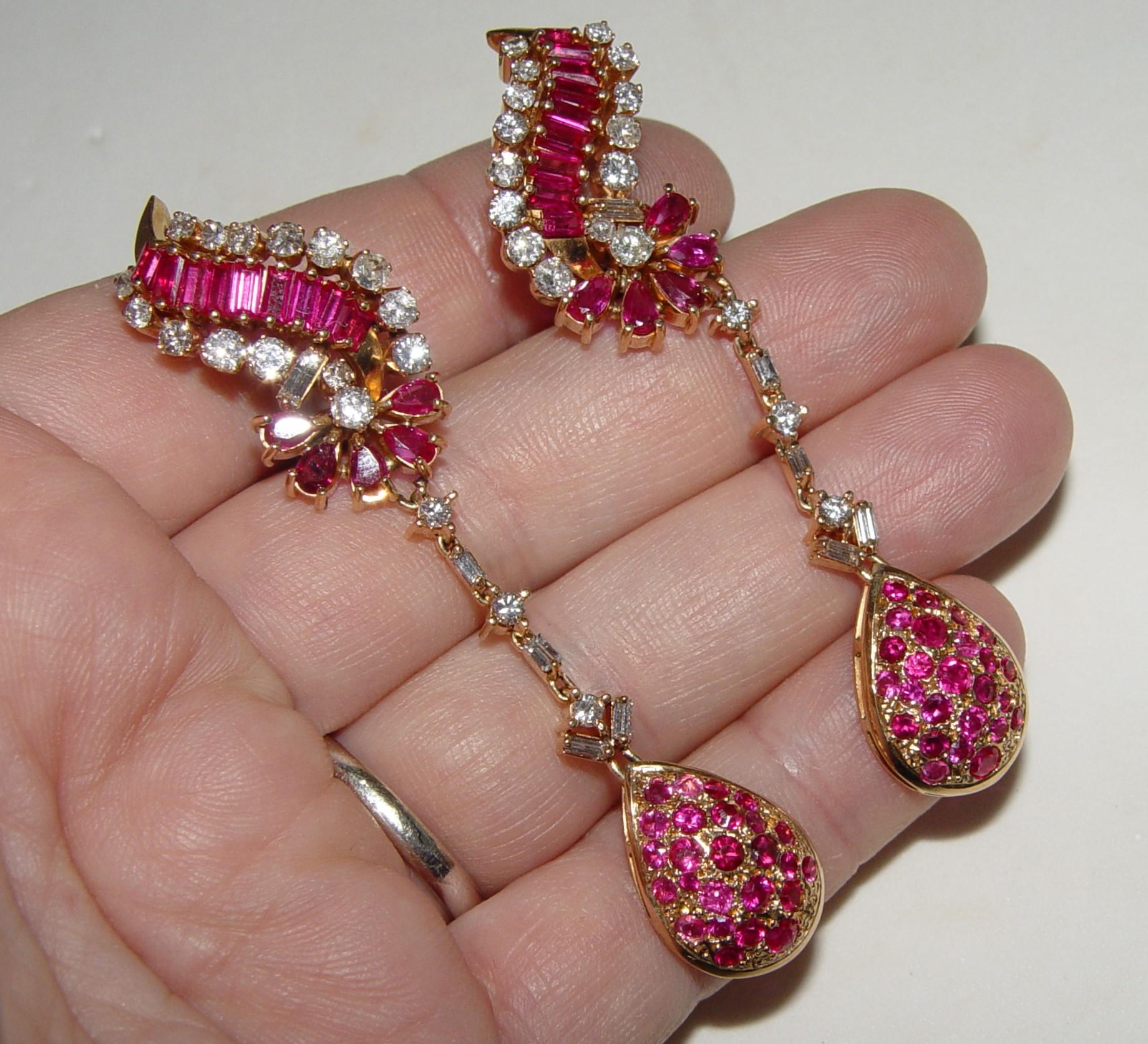 Women's Diamond 2.00CT(Est.) & Ruby 3.50CT(Est.) Chandelier Earrings 70MM 18K 21.0g For Sale