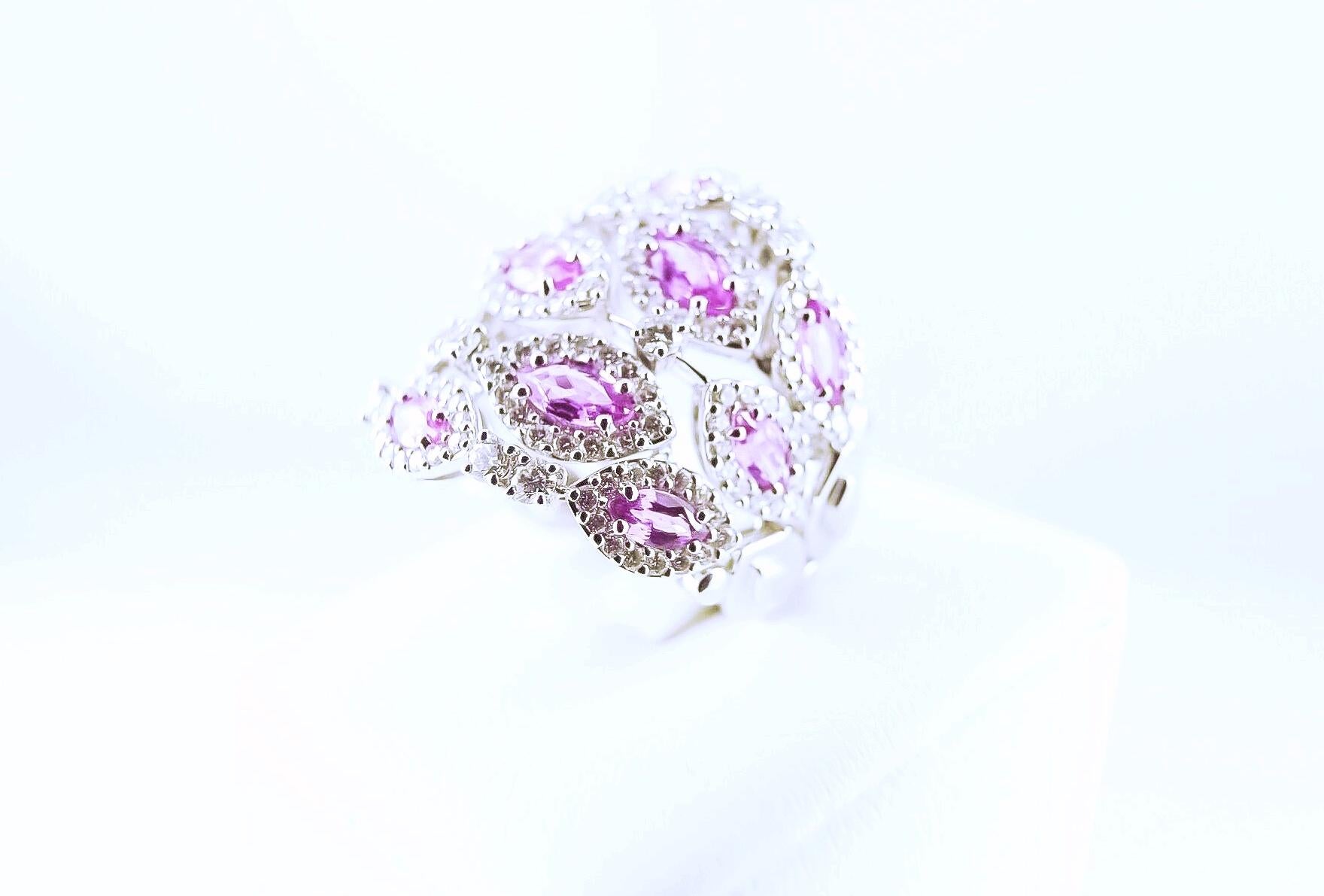 Round Cut Diamond 2.1 Carat and Pink Sapphire 2.94 Carat White Gold 18 Carat Cocktail Ring For Sale