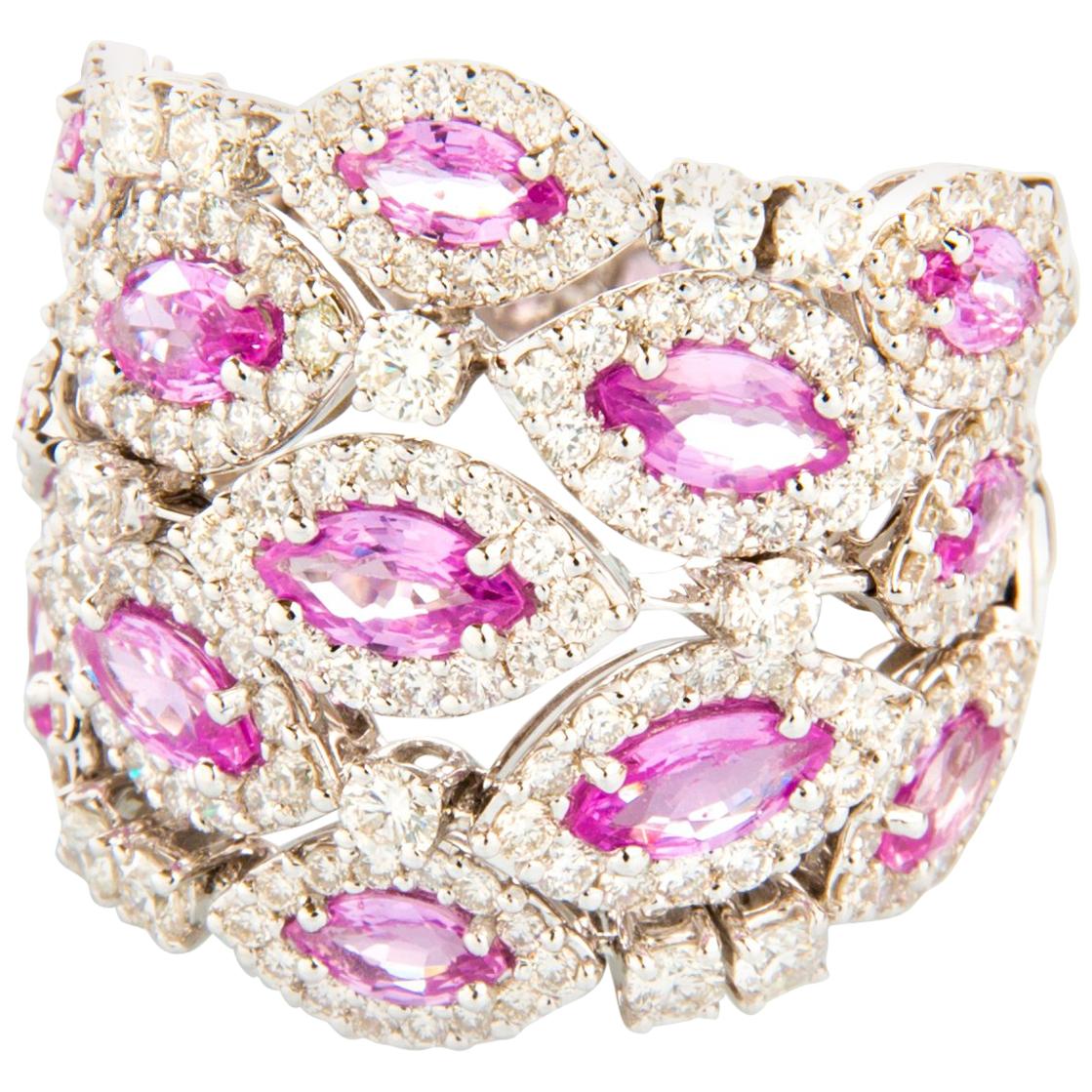 Diamond 2.1 Carat and Pink Sapphire 2.94 Carat White Gold 18 Karat Cocktail Ring For Sale