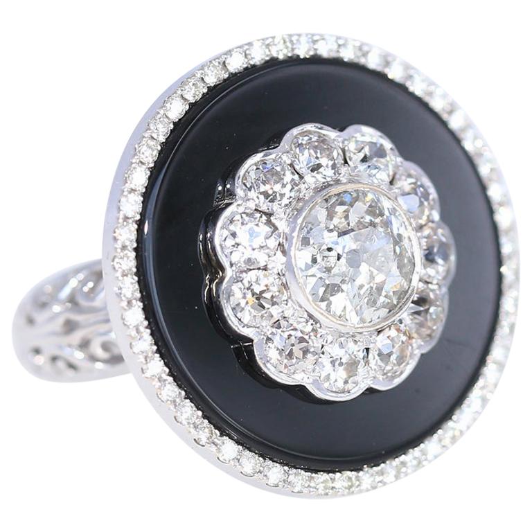 Diamond 2.2 Carat Onyx Ring White Gold Certified, 1930 For Sale