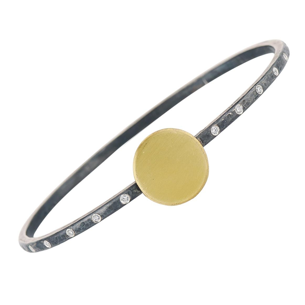 Diamond, Gold Round Disk, Oxidized Sterling Silver Mixed Metal Bangle Bracelet