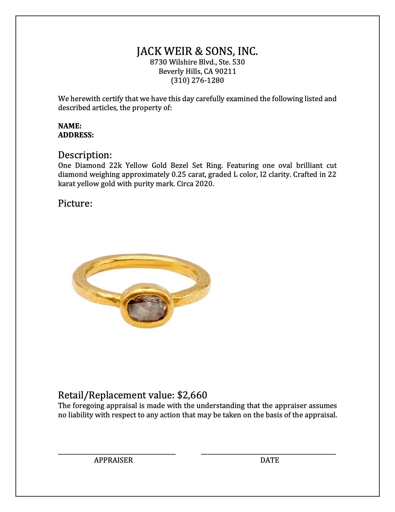 Diamond 22k Yellow Gold Bezel Set Ring For Sale 1