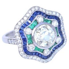 Antique Diamond 2.49 Ct Platinum Emeralds Sapphires Ring Certified, 1920