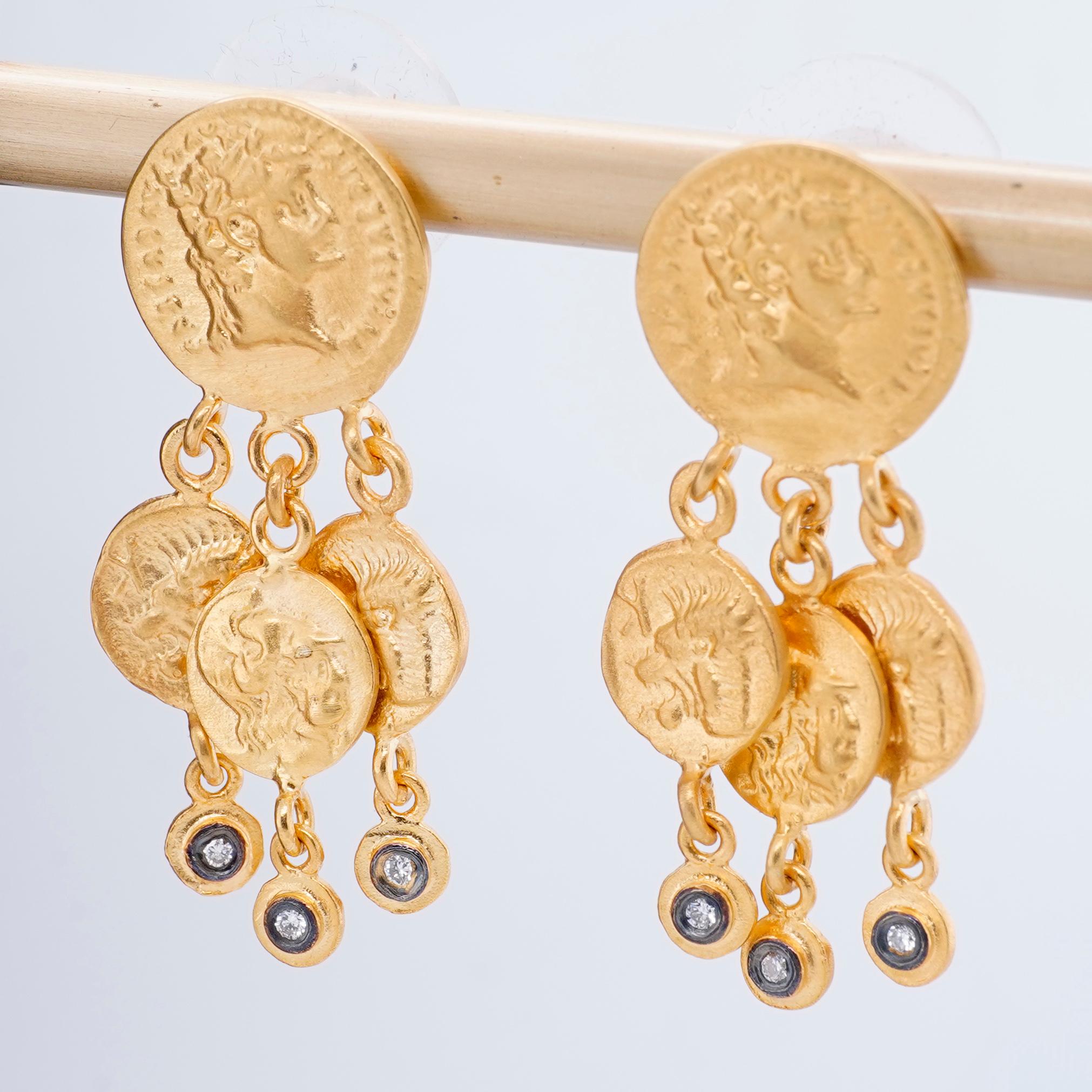 Diamond 24K Gold Chandelier Byzantine Coin Earrings by Kurtulan Jewellery For Sale 2