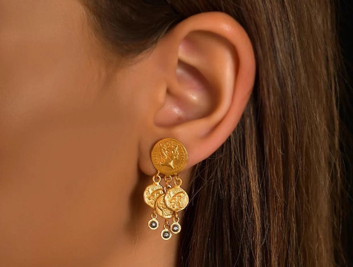 Diamant 24K Gold-fused auf Sterling Silber Kronleuchter byzantinischen Münze Ohrringe von Kurtulan Schmuck von Istanbul, Türkei, ca. 2 
