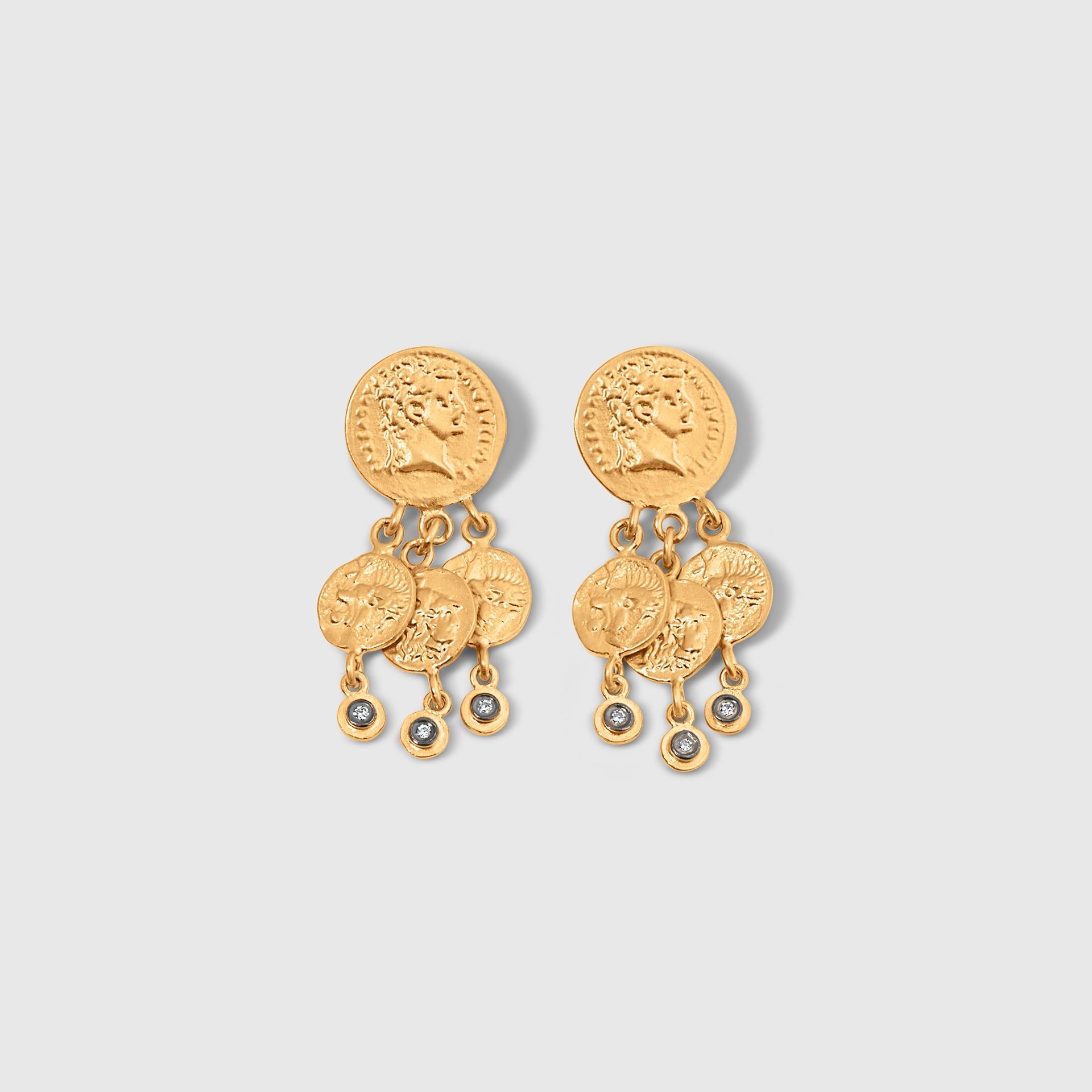 Diamond 24K Gold-fused on Sterling Silver Chandelier Byzantine Coin Earrings by Kurtulan Jewellery of Istanbul, Turkey, approx 2