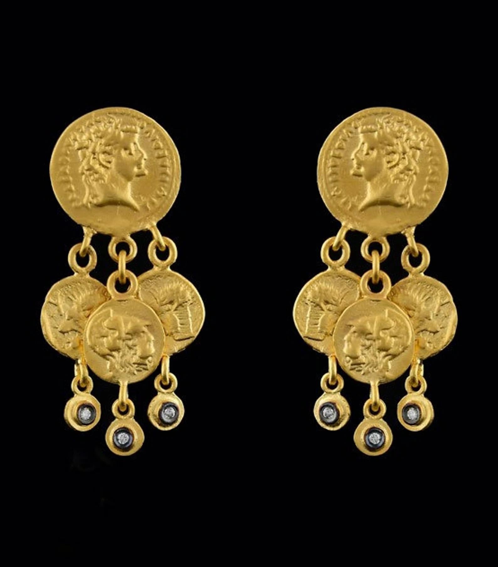 Byzantinische Münze-Ohrringe mit Diamant-Kronleuchter aus 24 Karat Gold von Kurtulan Jewellery (Rundschliff)