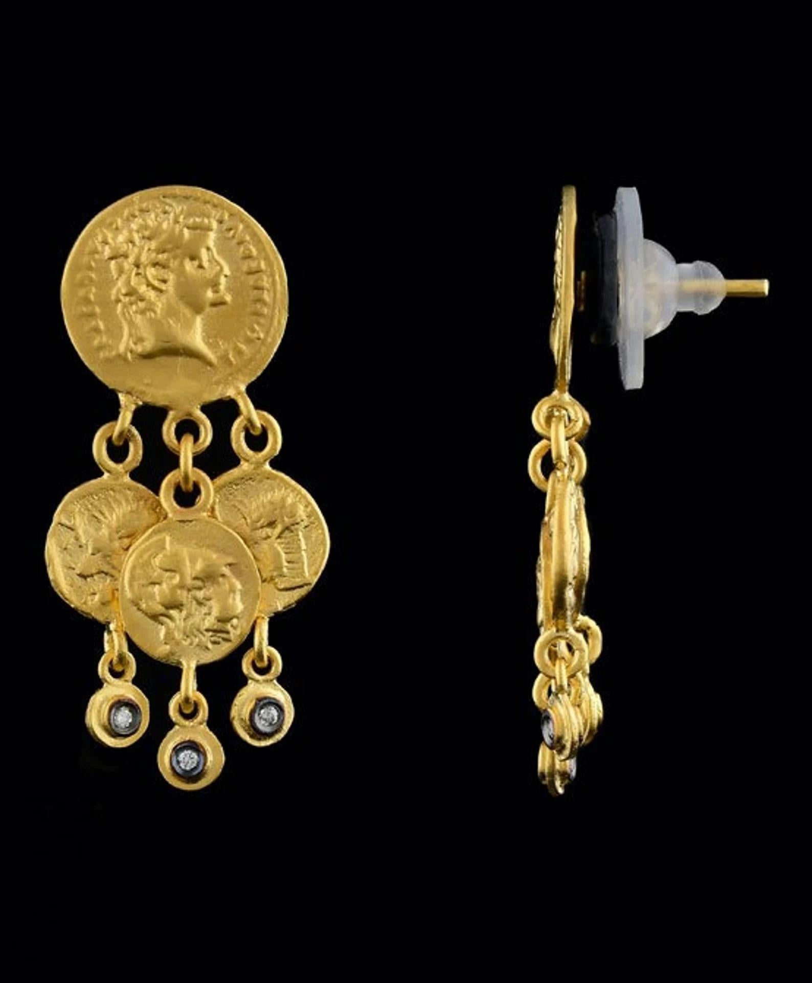 Round Cut Diamond 24K Gold Chandelier Byzantine Coin Earrings by Kurtulan Jewellery For Sale