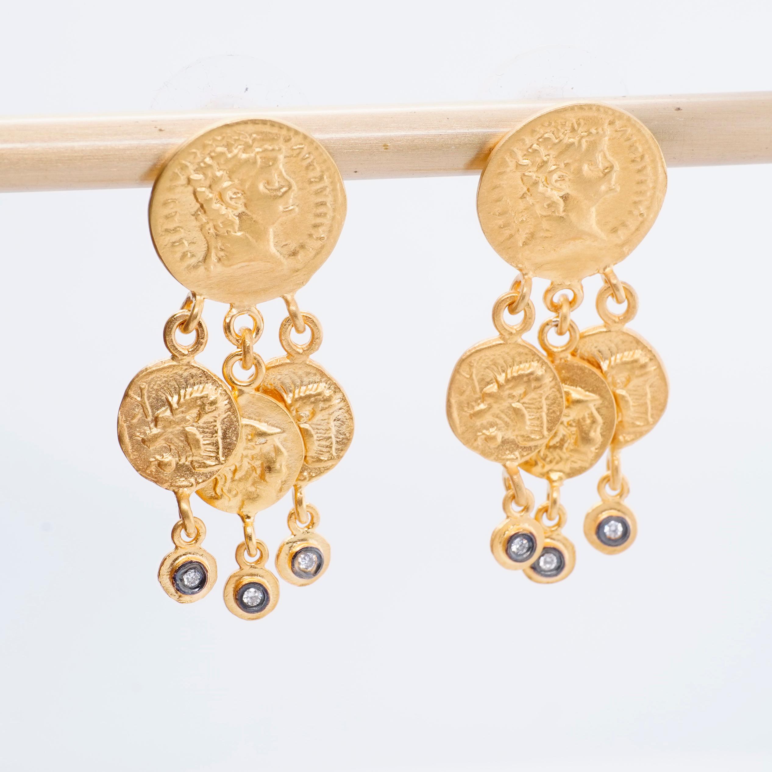 Diamond 24K Gold Chandelier Byzantine Coin Earrings by Kurtulan Jewellery In New Condition For Sale In Bozeman, MT
