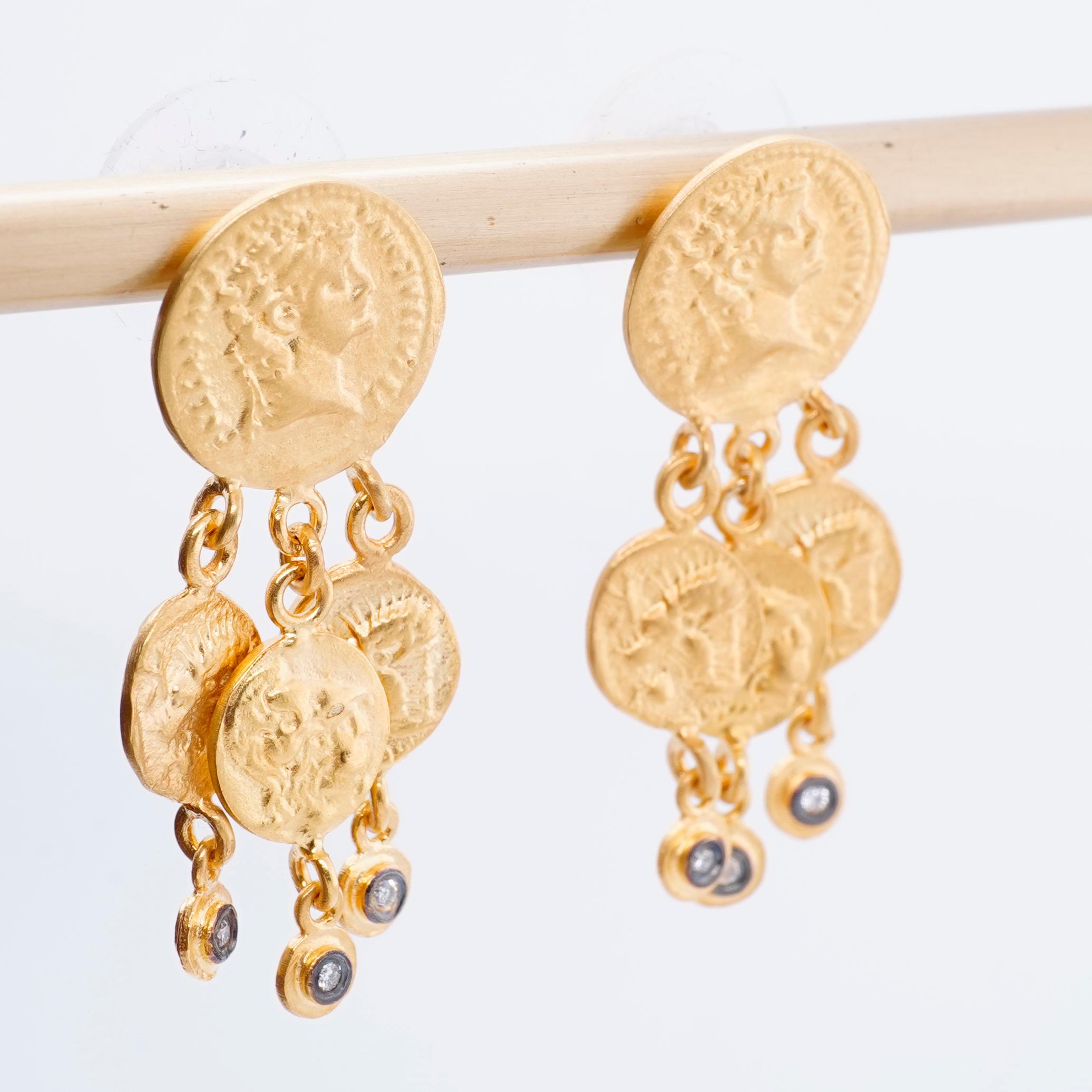 Women's or Men's Diamond 24K Gold Chandelier Byzantine Coin Earrings by Kurtulan Jewellery For Sale