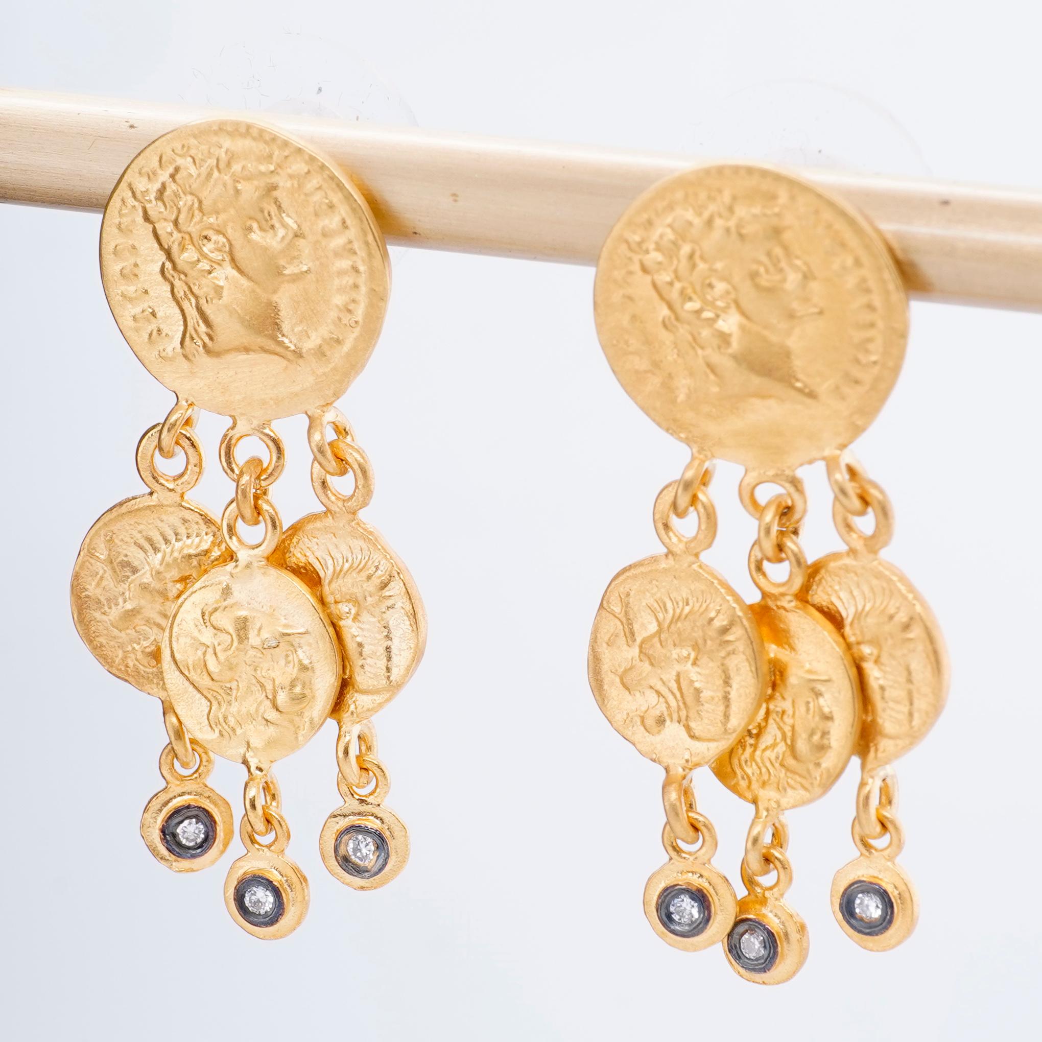 Diamond 24K Gold Chandelier Byzantine Coin Earrings by Kurtulan Jewellery For Sale 1
