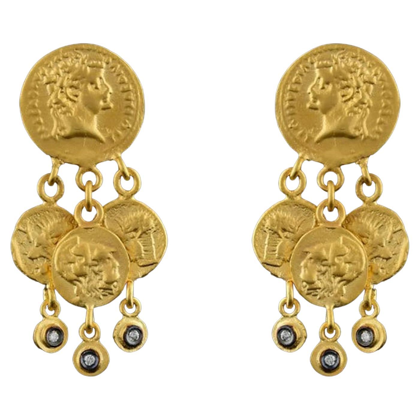 Diamond 24K Gold Chandelier Byzantine Coin Earrings by Kurtulan Jewellery