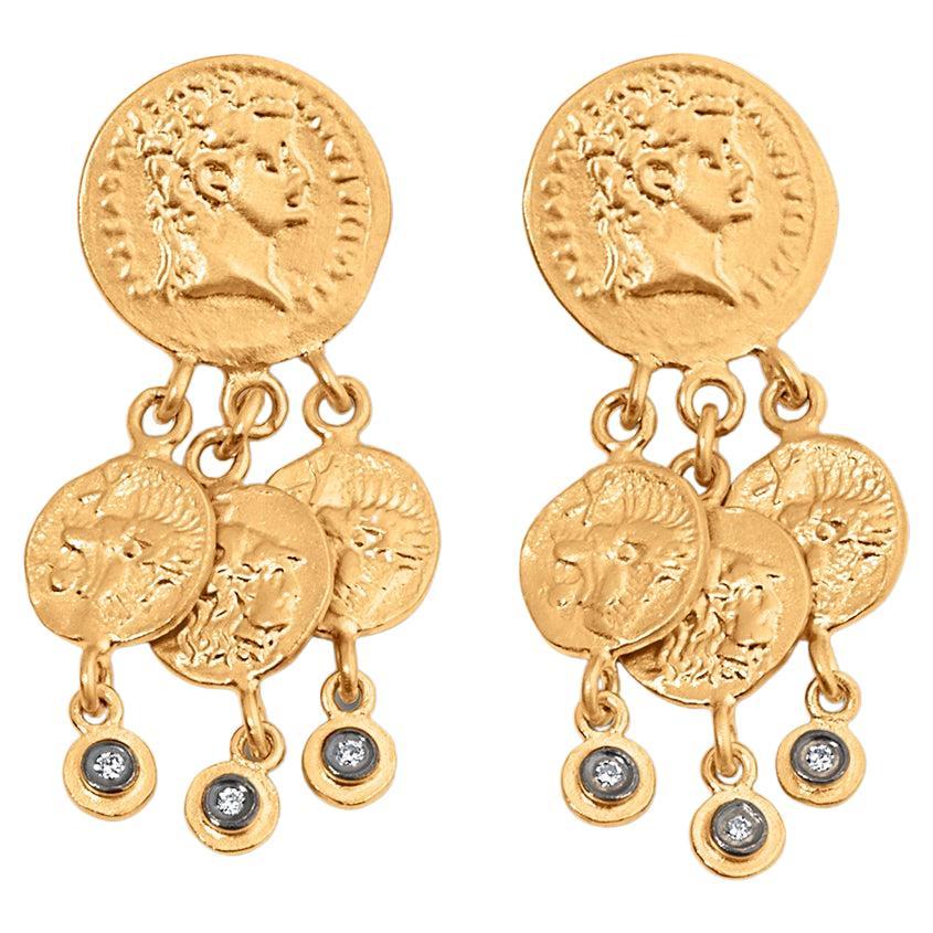 Kurtulan Jewellery, boucles d'oreilles chandelier en or 24 carats avec pièce byzantine et diamants