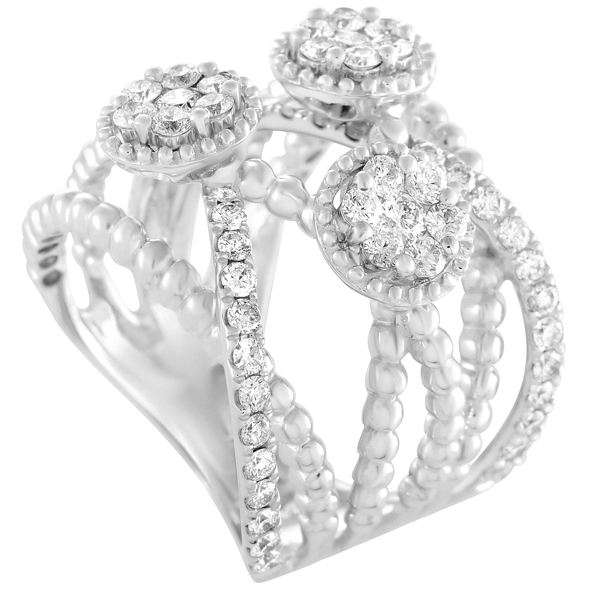 Diamond 3-Flower White Gold Split Band Ring