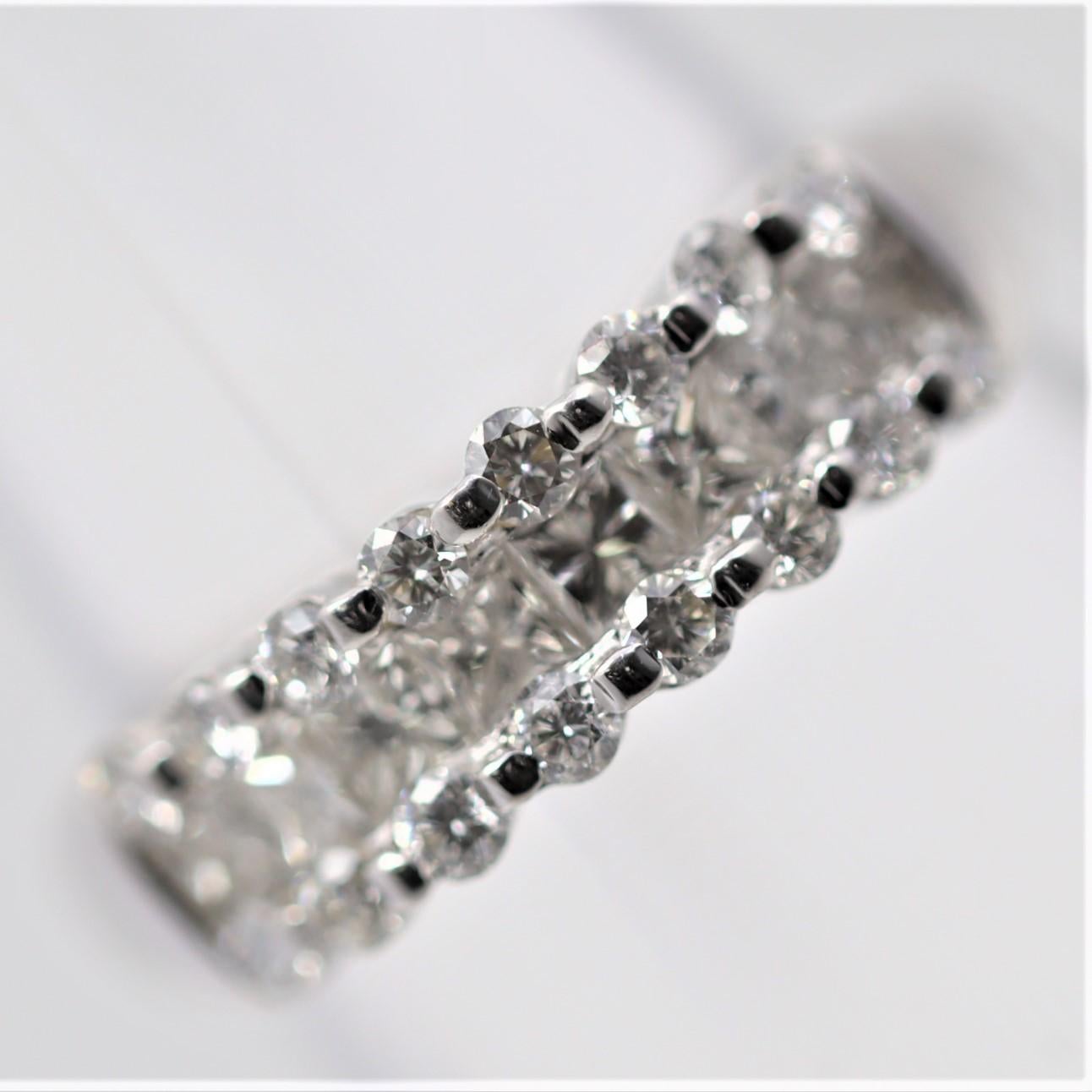 A simple yet stylish piece that can be worn casually every day. It features 1.00 carat of diamonds, two rows of round brilliant-cuts and a single row of princess-cut diamonds in its center. Made in 18k white gold and ready to be worn.

Ring Size 5.75