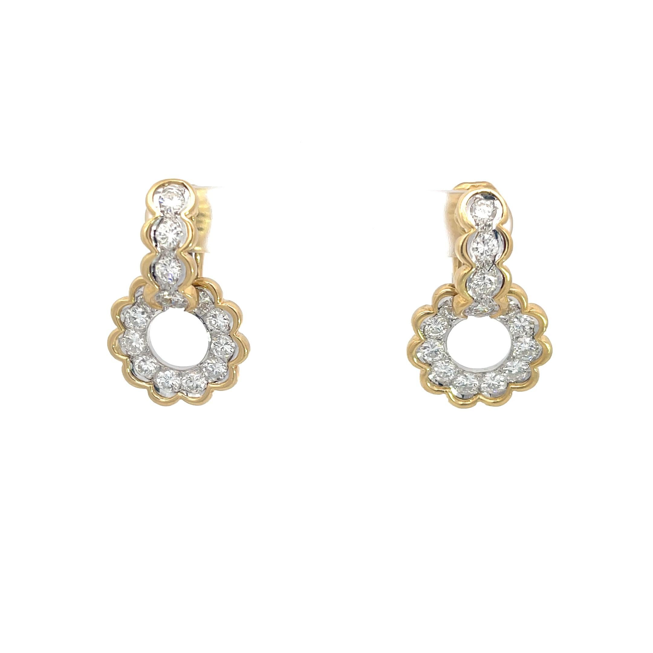 Contemporary Diamond '3.30ctw' Circle Drop Huggie Earrings 18k & Platinum For Sale