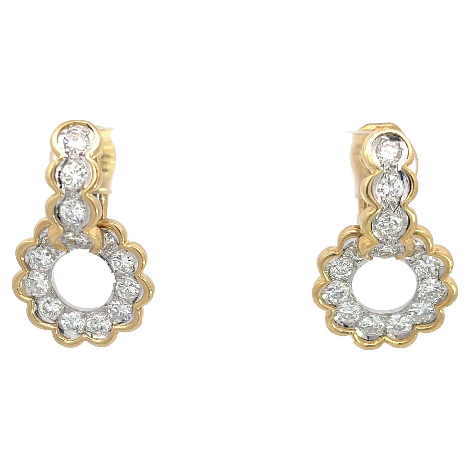 Diamond '3.30ctw' Circle Drop Huggie Earrings 18k & Platinum For Sale