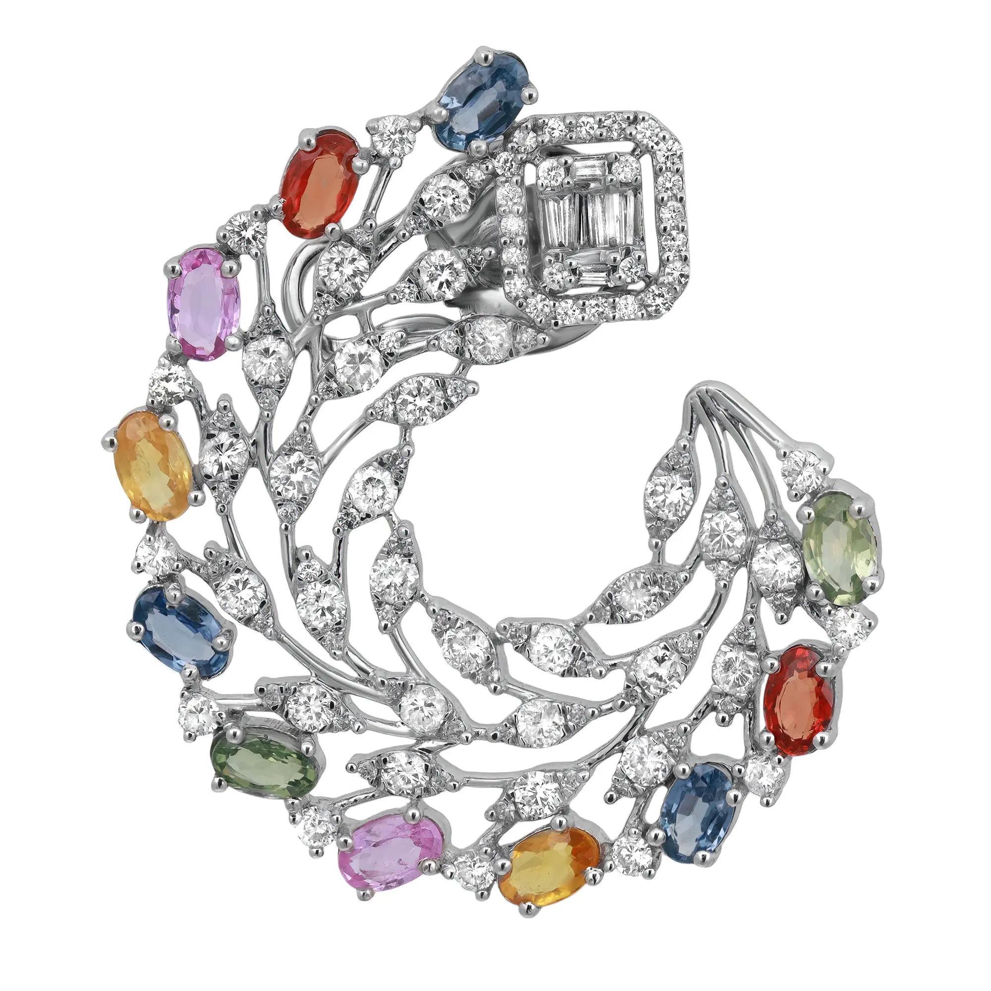 Pendientes Florales Diamante 3,71Ct y Zafiro Multicolor 6,57Ct Oro Blanco 14K Moderno en venta