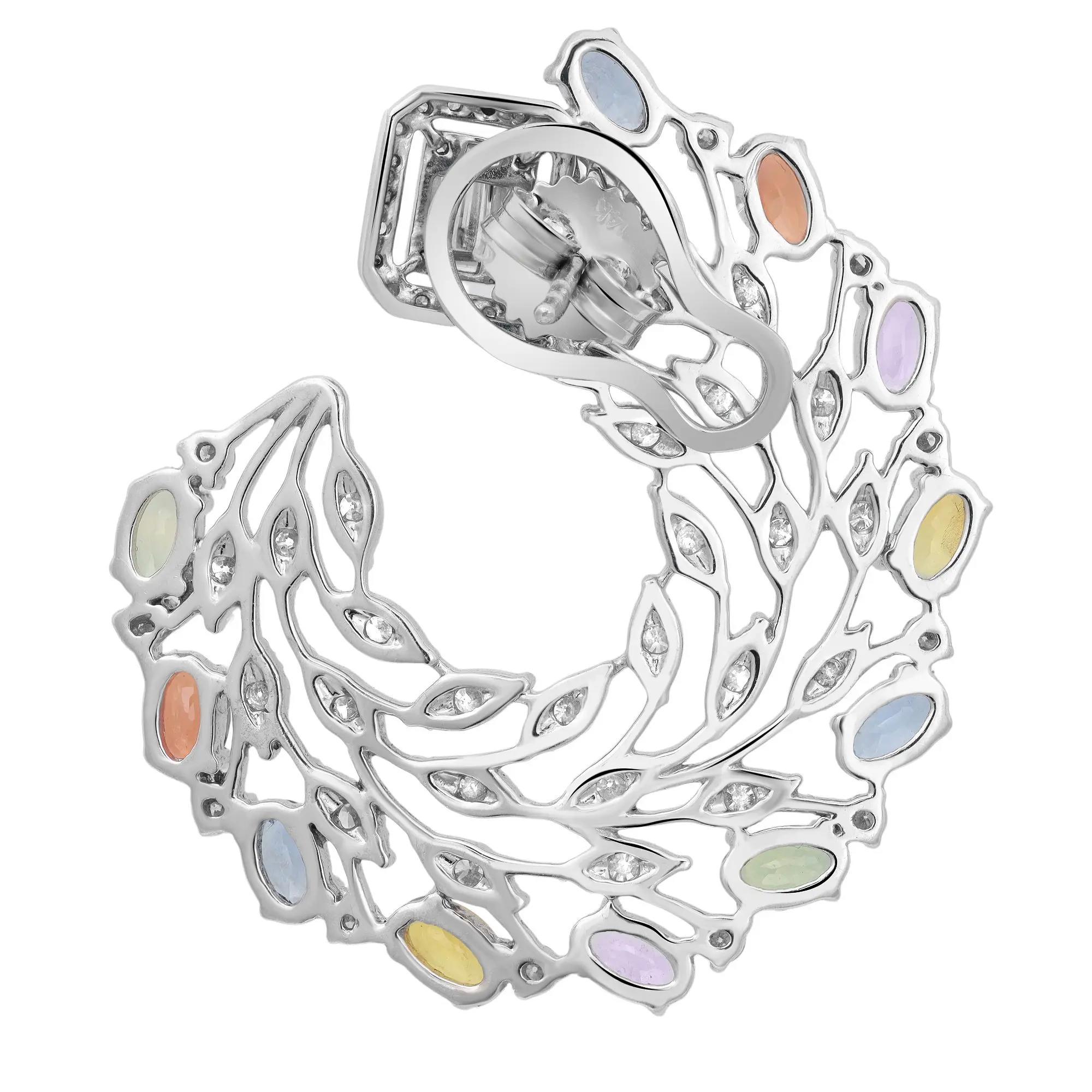 Pendientes Florales Diamante 3,71Ct y Zafiro Multicolor 6,57Ct Oro Blanco 14K Corte redondo en venta