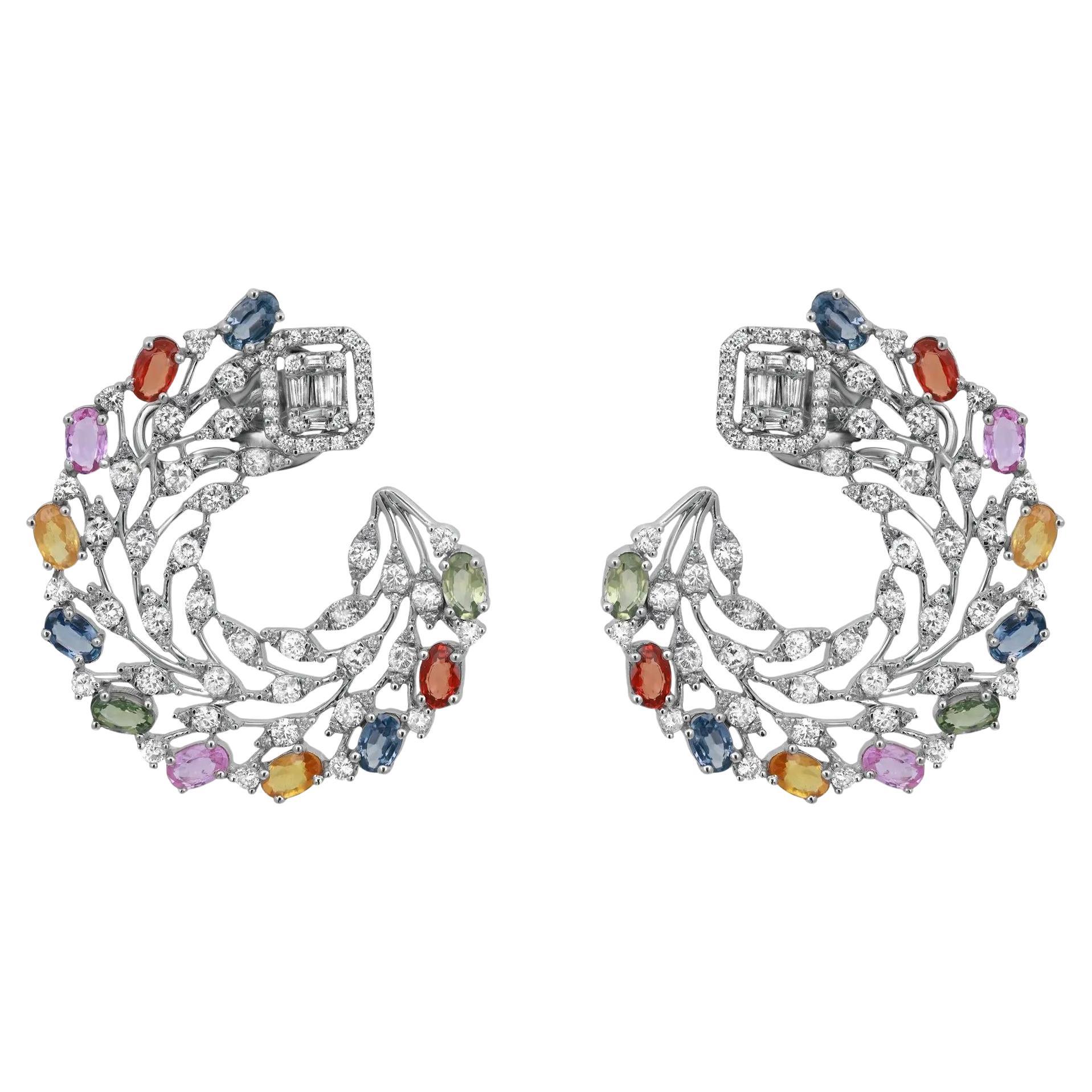 Diamond 3.71Ct & Multi Colored Sapphire 6.57Ct Floral Earrings 14K White Gold