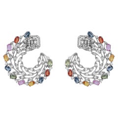 Diamond 3.71Ct & Multi Colored Sapphire 6.57Ct Floral Earrings 14K White Gold