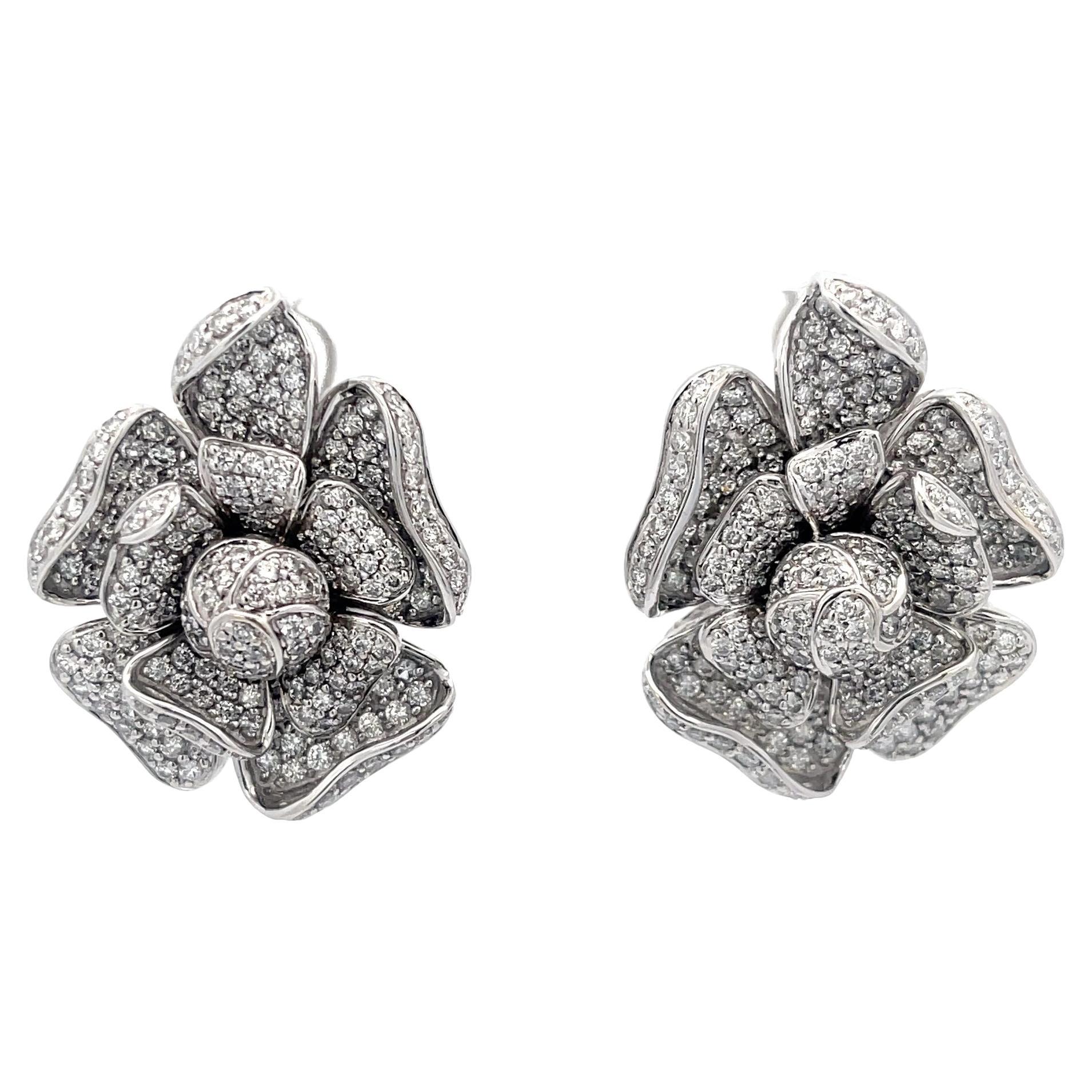 Diamond '3.75ctw' Flower Earrings 18k White Gold For Sale
