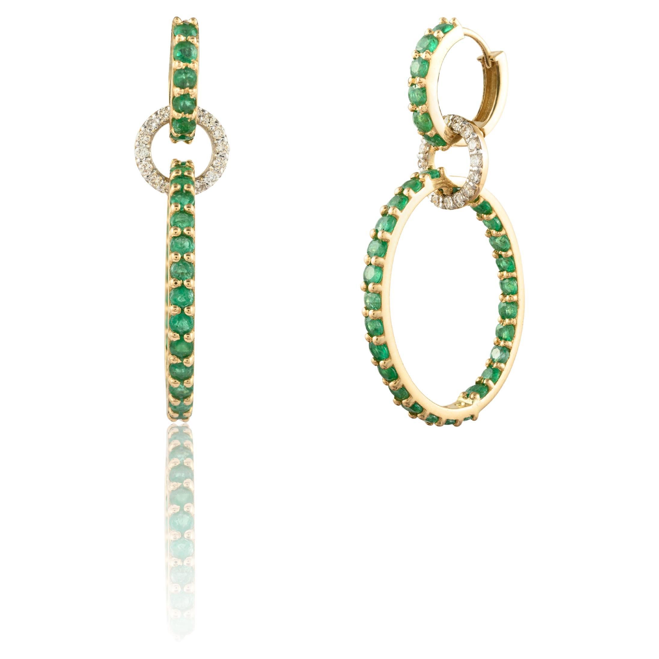 Diamond and 3.85 ct Emerald Linked Ring Dangle Earrings in 14K Solid Yellow Gold For Sale
