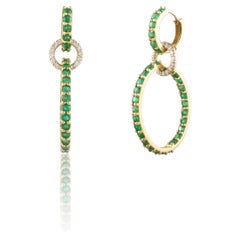 Diamond and 3.85 ct Emerald Linked Ring Dangle Earrings in 14K Solid Yellow Gold