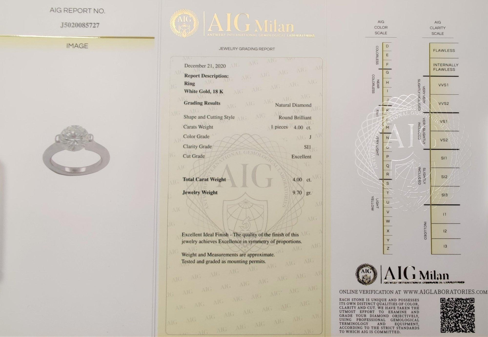 AIG Certified 4 Carat  Diamond  18 k white gold ring.  For Sale 2