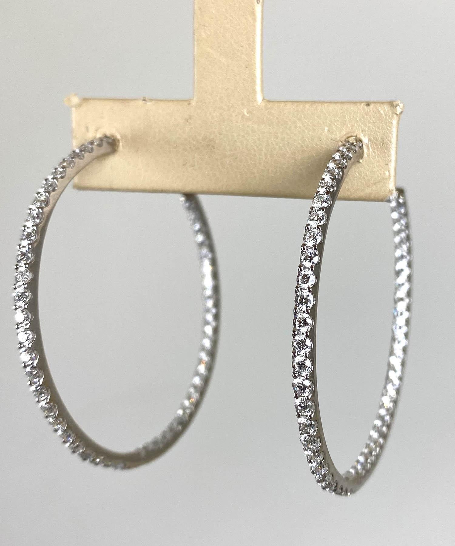 Round Cut Diamond 4 ctw + 18K White Gold Inside Outside X Large Hoop Earrings 