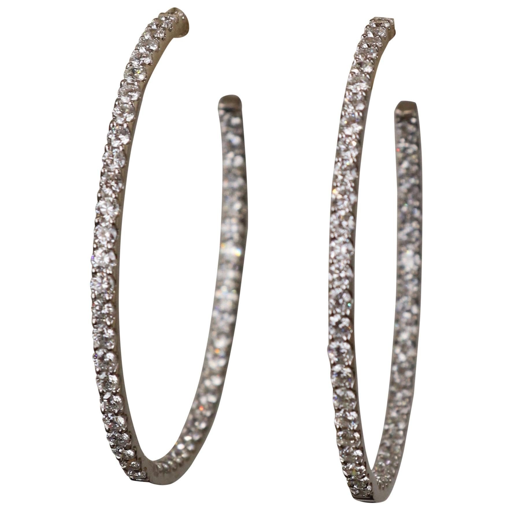 Diamond 4 ctw + 18K White Gold Inside Outside X Large Hoop Earrings 