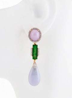 Diamond 46.7 Carat Lavender and Green Chinese Jade Earrings, John Landrum Bryant