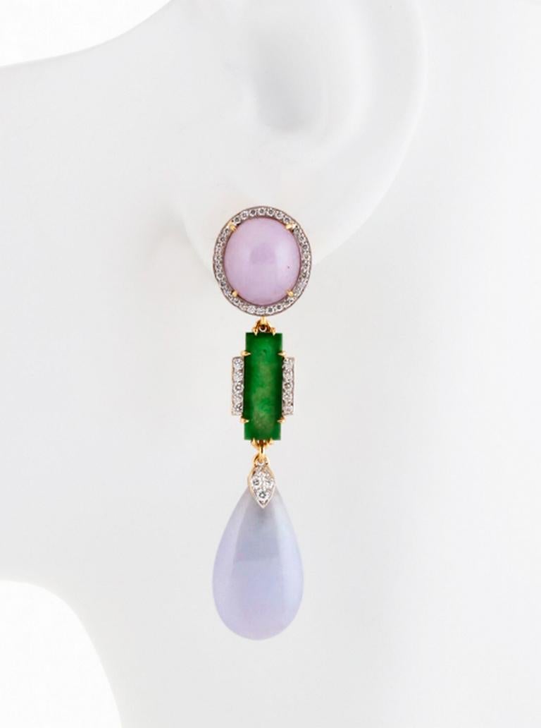 Diamond 46.7 Carat Lavender and Green Chinese Jade Earrings, John