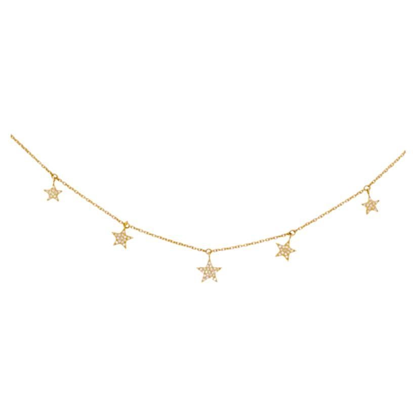 Diamond 5 Star Necklace Bolo Chain 14K Yellow Gold Five Pave Diamond Stars