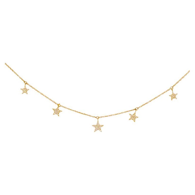 Diamond 5 Star Necklace Bolo Chain 14K Yellow Gold Five Pave Diamond ...