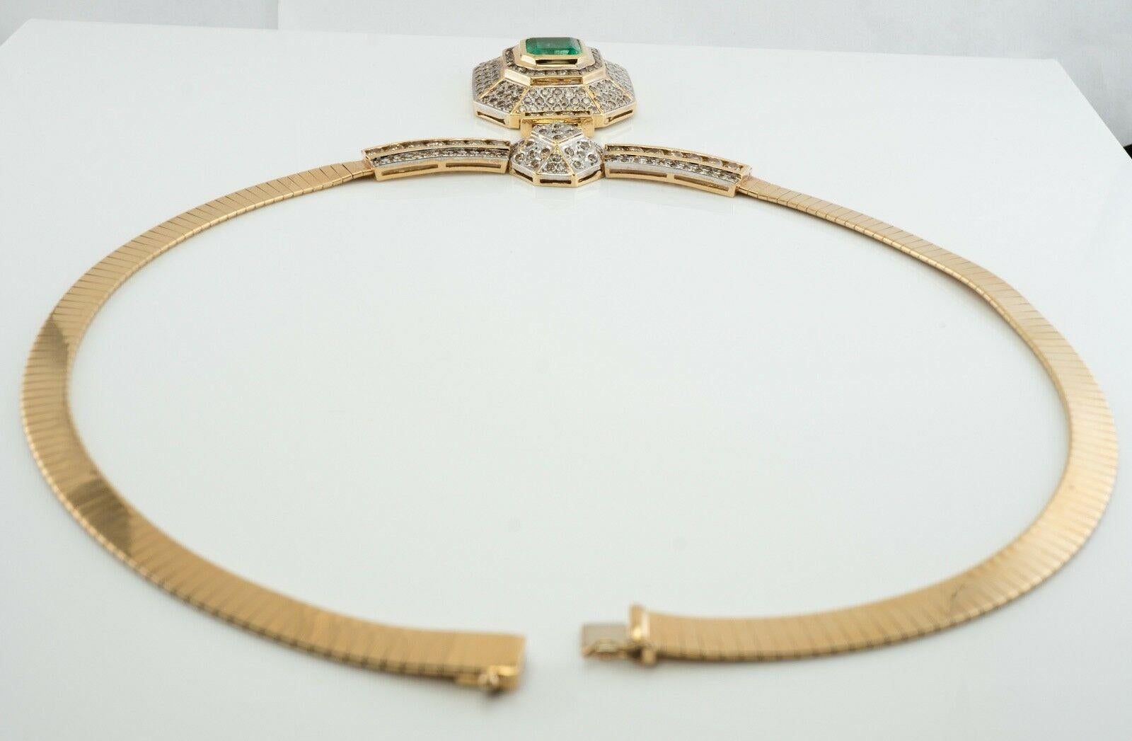 Diamond & 7.61ct Colombian Emerald Necklace Bib 14K Gold For Sale 6