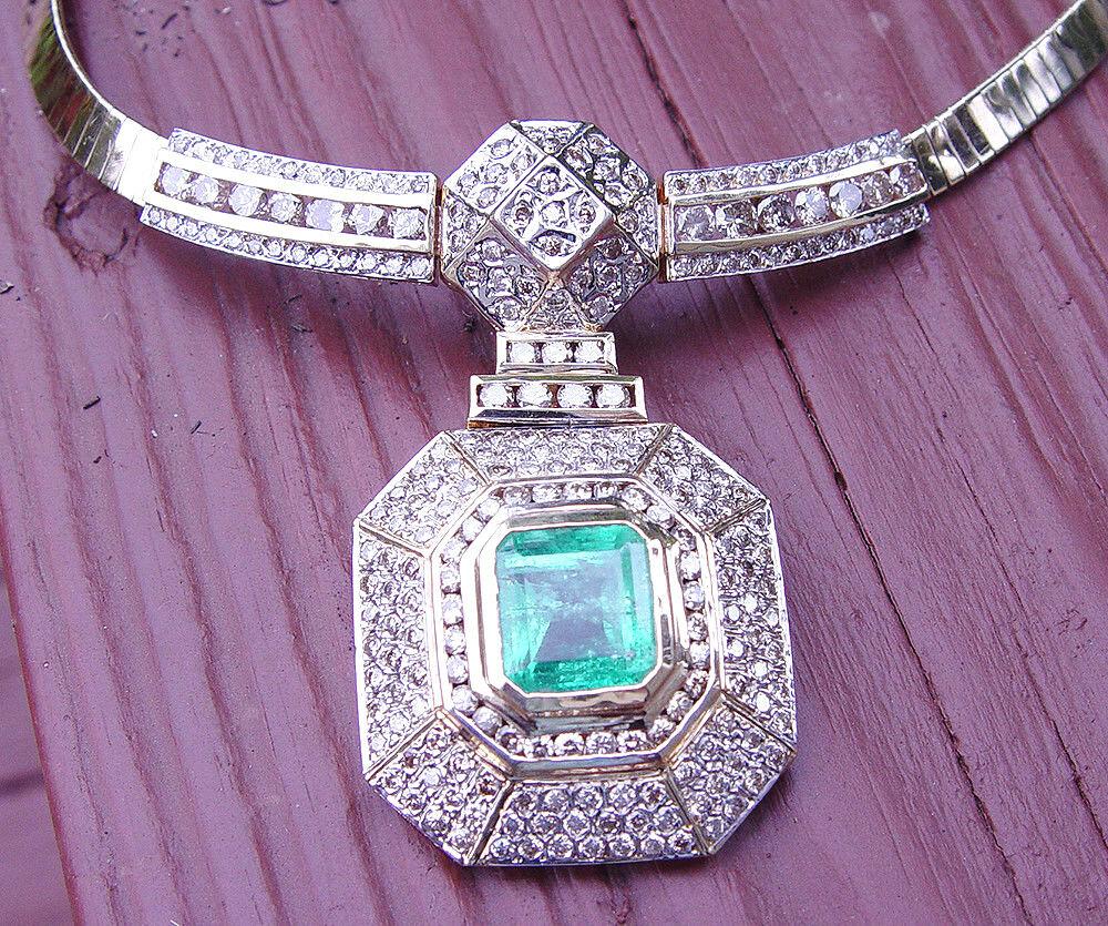 Diamond & 7.61ct Colombian Emerald Necklace Bib 14K Gold For Sale 8