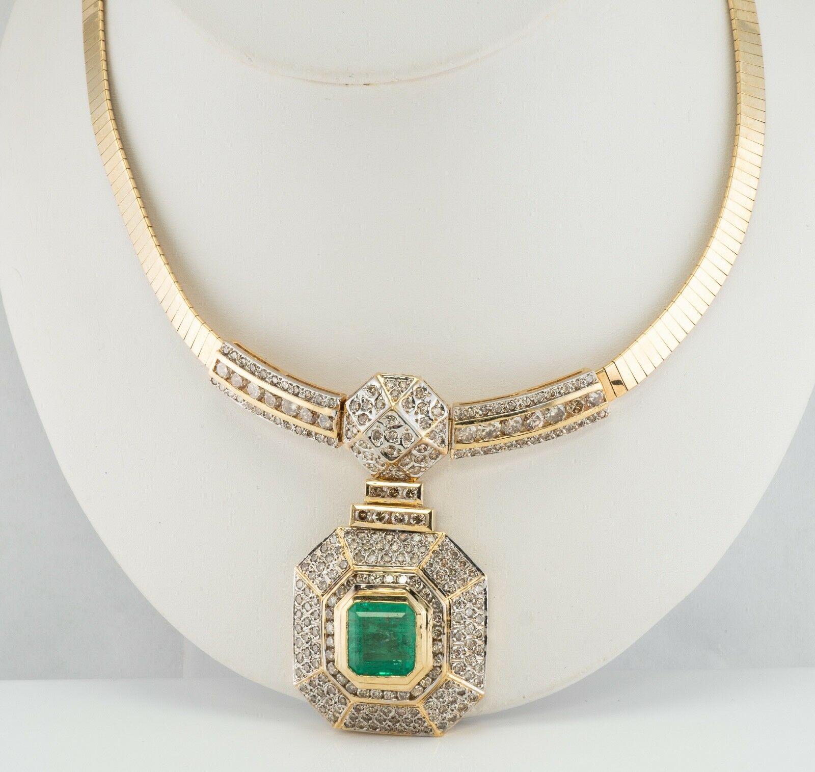 This absolutely stunning necklace is finely crafted in solid 14K Yellow gold and it is made in Italy by MNC company. The center genuine Earth mined Colombian Emerald measures 12mm x 11mm and it is estimated to be 7.61 carats. This is a high-quality