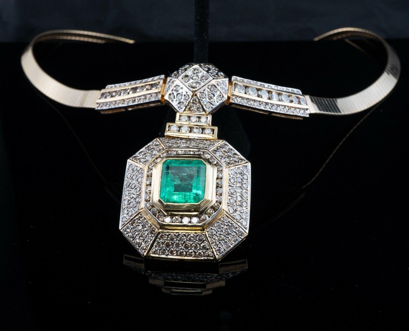 Square Cut Diamond & 7.61ct Colombian Emerald Necklace Bib 14K Gold For Sale