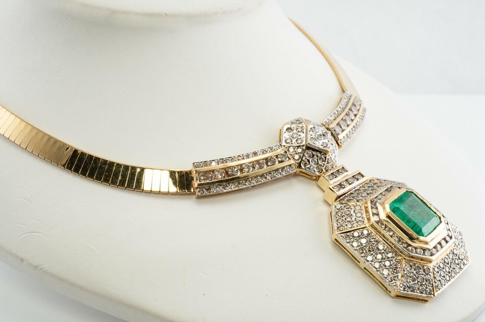 Diamond & 7.61ct Colombian Emerald Necklace Bib 14K Gold In Good Condition For Sale In East Brunswick, NJ