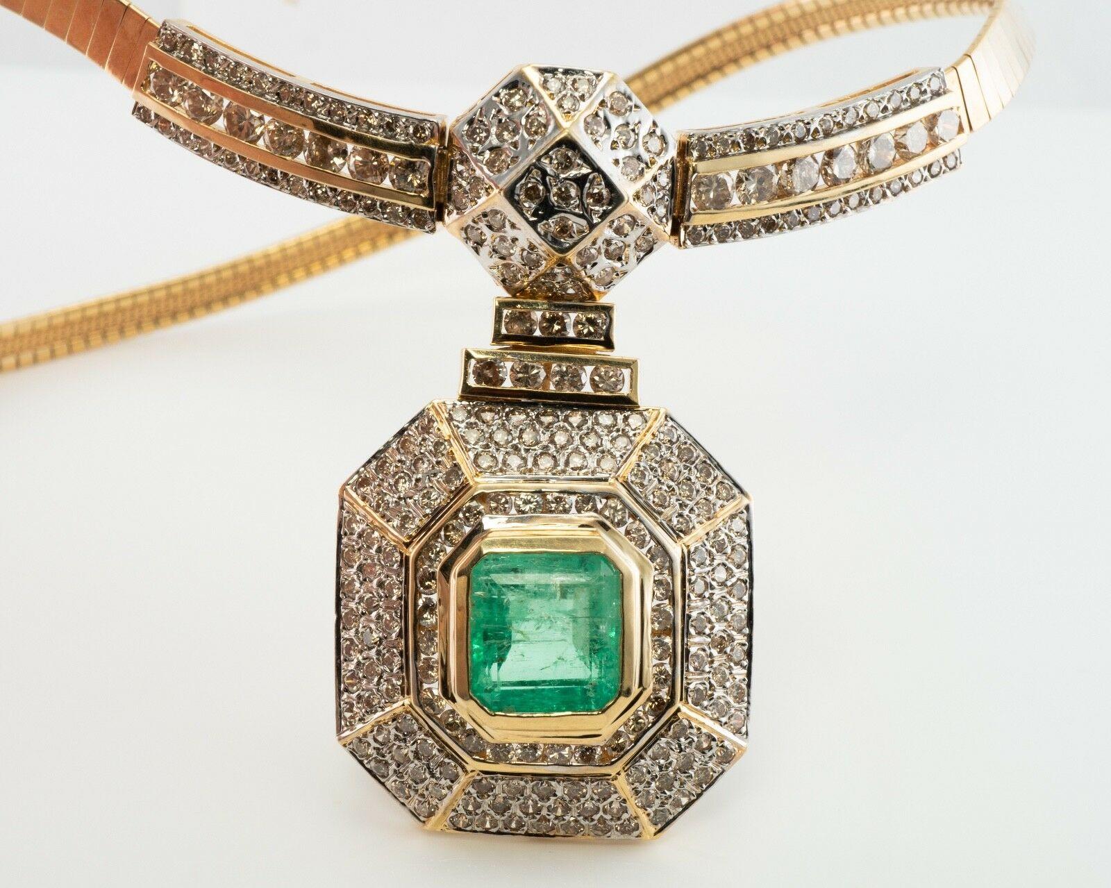 Diamond & 7.61ct Colombian Emerald Necklace Bib 14K Gold For Sale 1