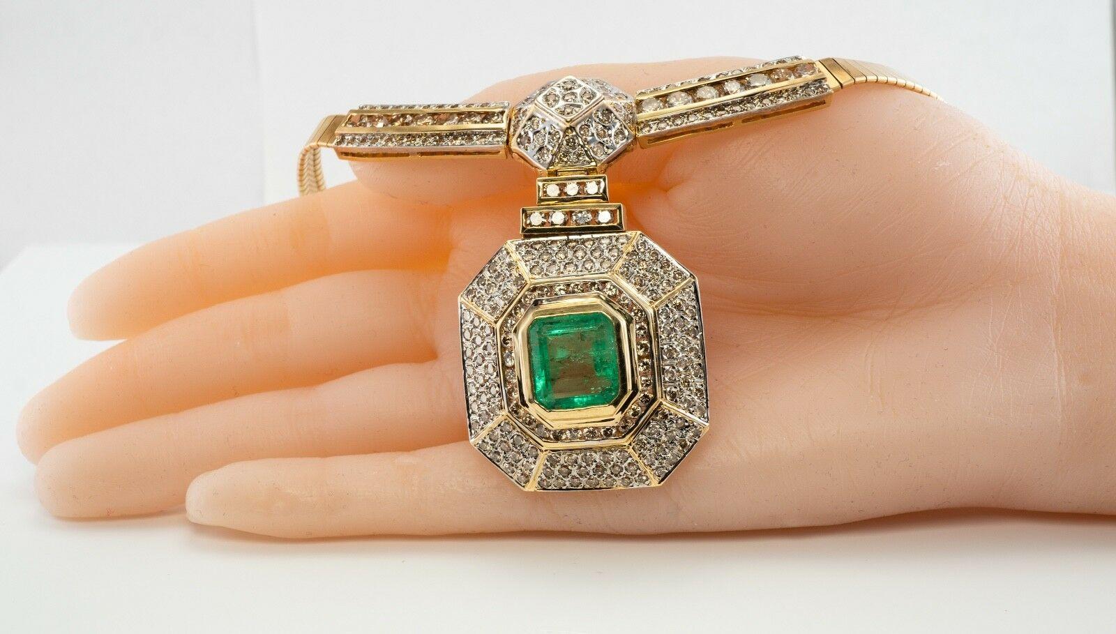 Diamond & 7.61ct Colombian Emerald Necklace Bib 14K Gold For Sale 3