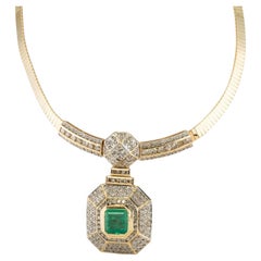Retro Diamond & 7.61ct Colombian Emerald Necklace Bib 14K Gold