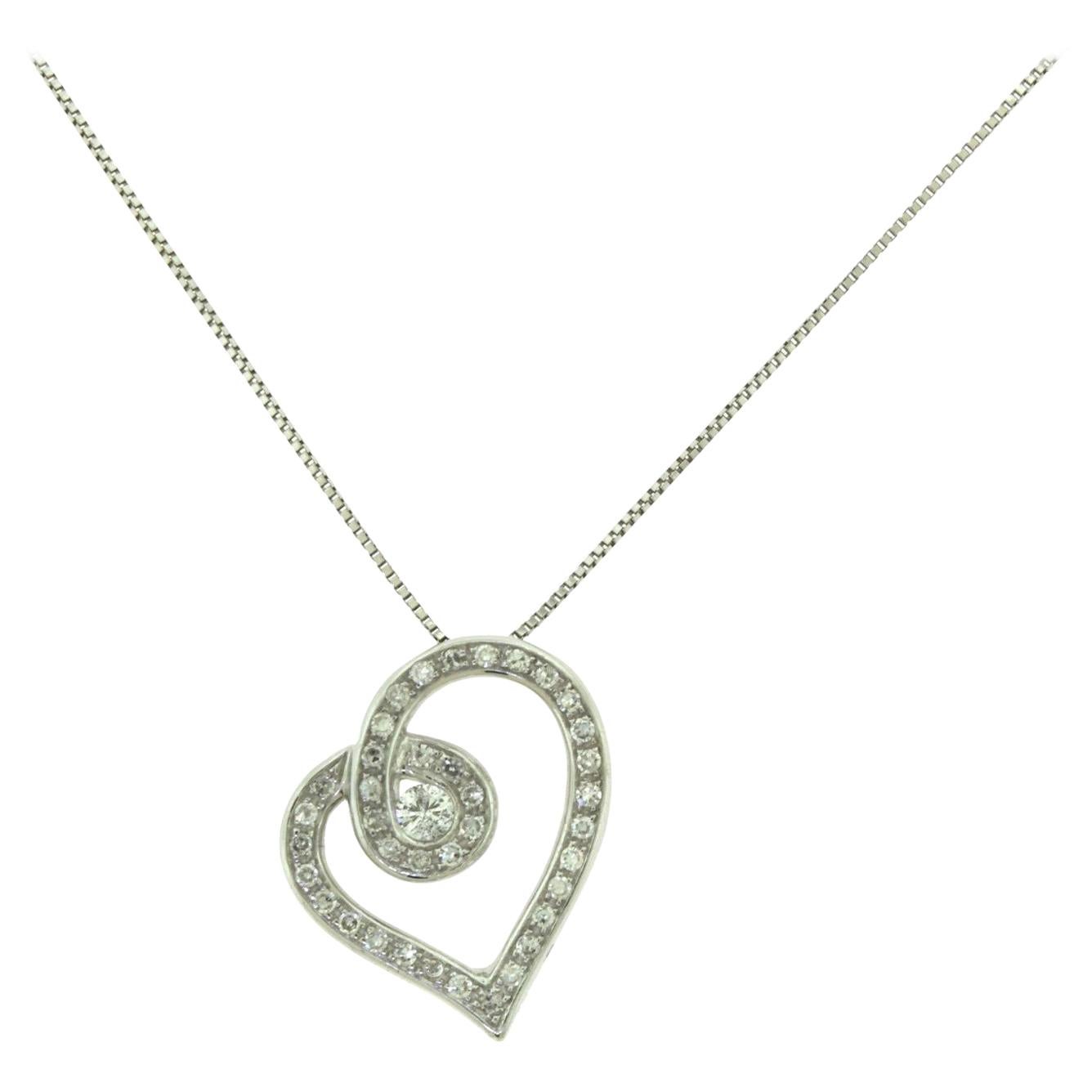 Diamond Accent Open Heart White Gold Falling Pendant Necklace For Sale