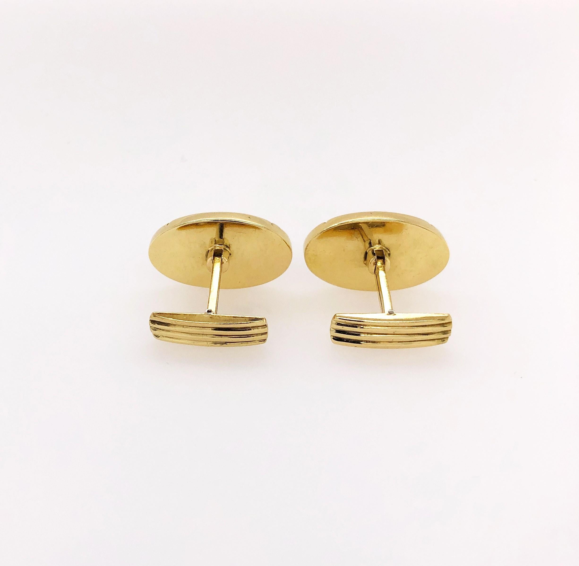 Round Cut Diamond Accent 18 Karat Yellow Gold Oval Cuff Links with Green Enamel For Sale