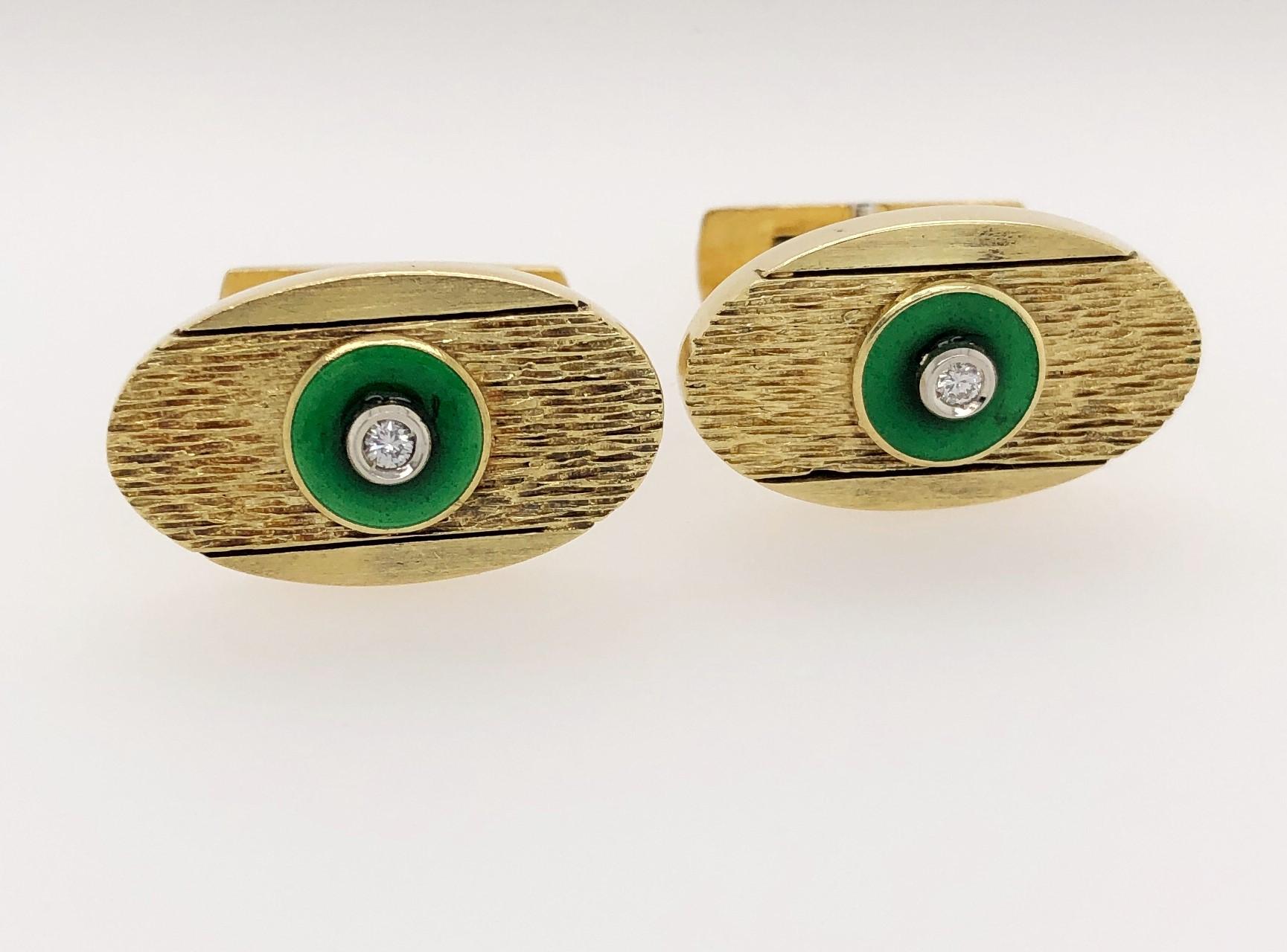 Diamond Accent 18 Karat Yellow Gold Oval Cuff Links with Green Enamel For Sale 1