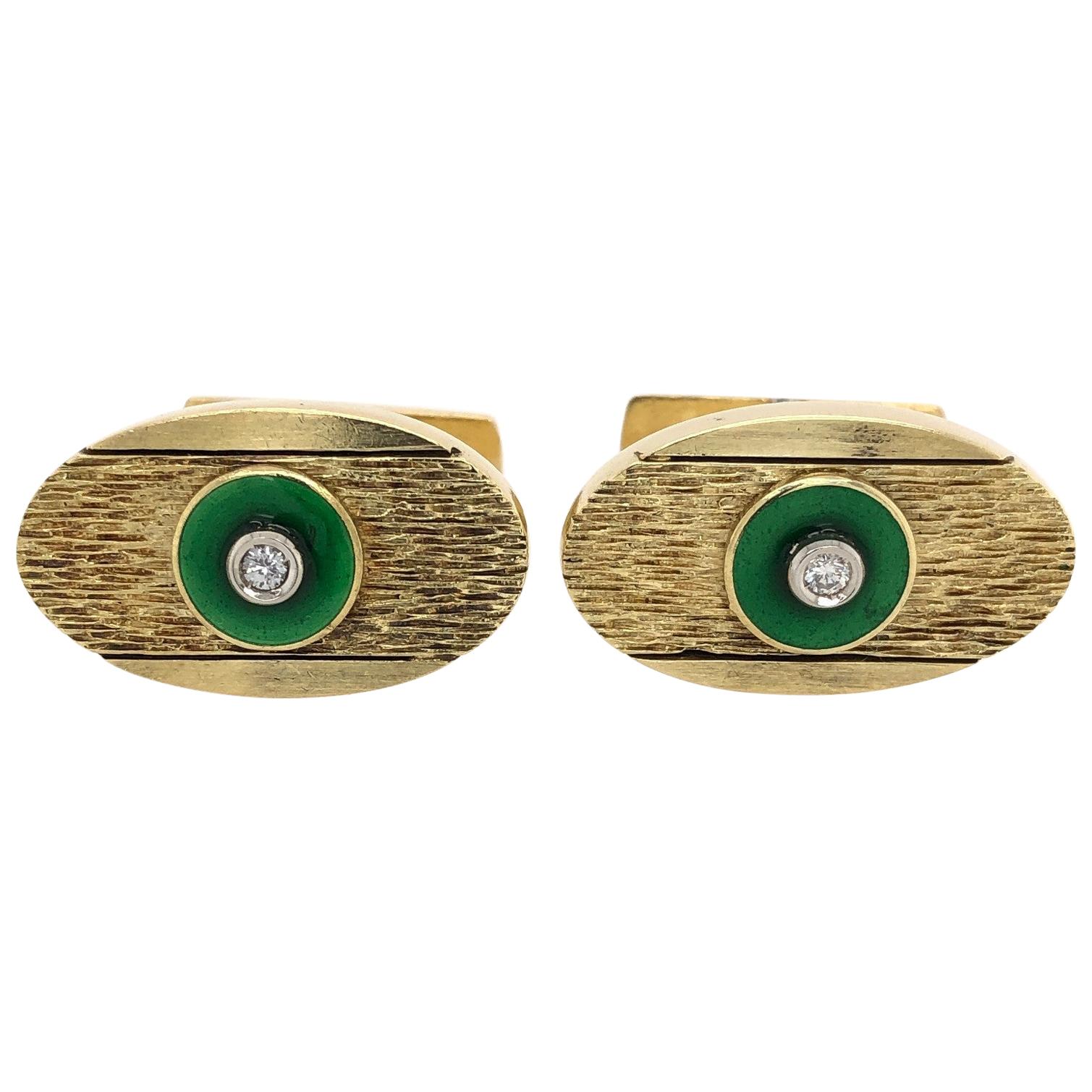 Diamond Accent 18 Karat Yellow Gold Oval Cuff Links with Green Enamel For Sale